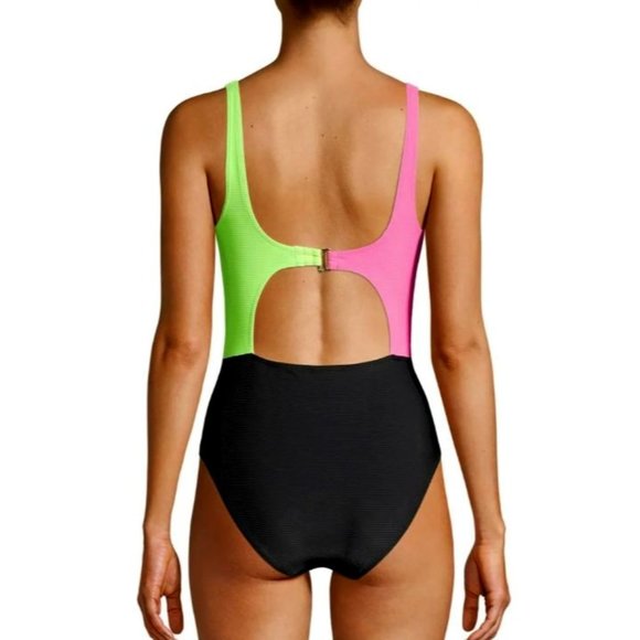 SOLD No Boundaries Neon Colorblock One-Piece Swimsuit Size Junior XL - Picture 2 of 10